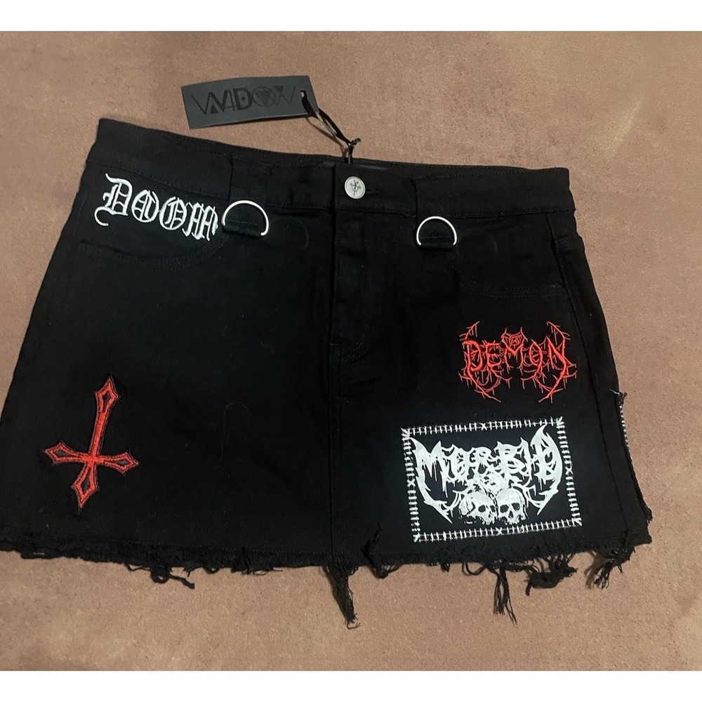 Dolls Kill Widow Noise Annoys Mini Black Denim Skirt Size M Punk Grunge Goth - Picture 12 of 13